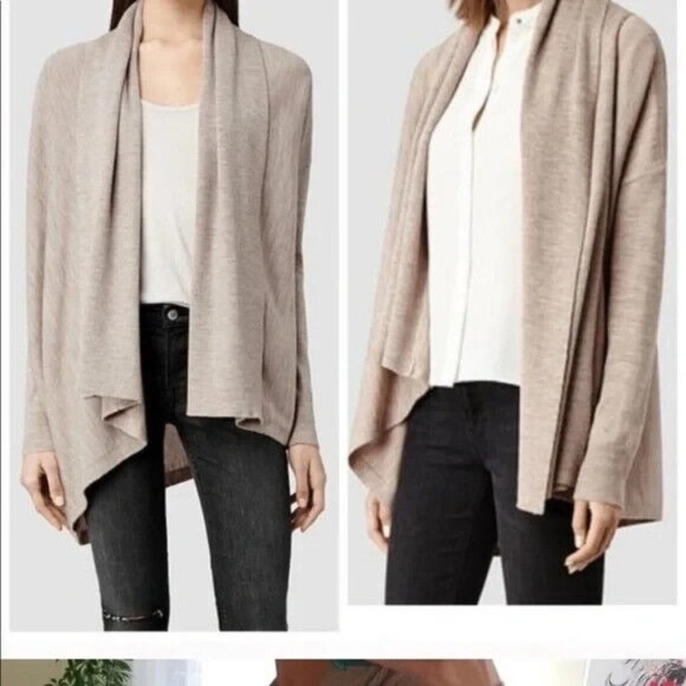 All Saints 100% Merino Wool Asymmetrical Drape Cardigan Sweater Tan. Small
